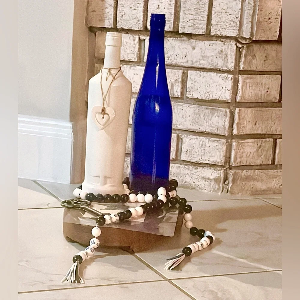 Blue & White beautiful wood and acrylic bead garland 8ft & 4in tassels handmade